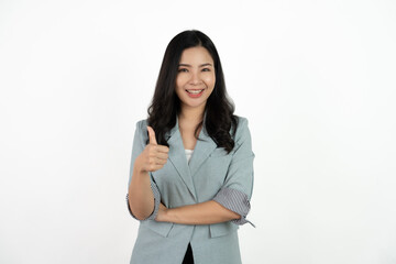 Happy smiling business woman with thumbs up gesture isolate and white background.