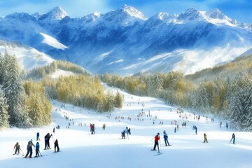AI-generated Image Of Ski Sliders On A Slope In The Alps Watercolor Landscape