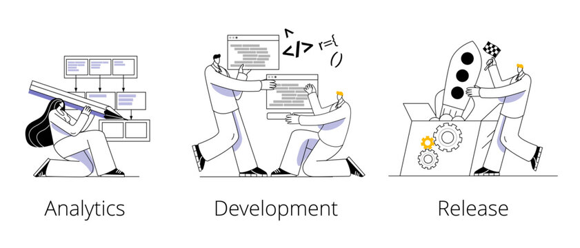 The team of characters develops a scheme of interaction, programs and launches a mobile application. The concept of vector illustration on the topic of team development of mobile applications.