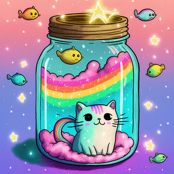 spirit in a bottle, cloud in a jar; occult spoopy cute kitty cat fish spirit; kawaii pastel neon rainbow raincloud spirit
