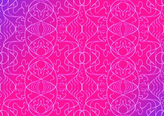 Hand-drawn abstract seamless ornament. Neon gradient (plastic pink to proton purple) background and glowing pattern on it. Cloth texture. Digital artwork, A4. (pattern: p02-1b)