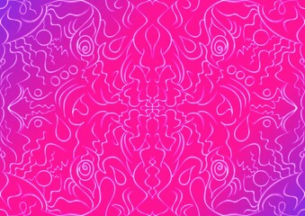 Hand-drawn abstract seamless ornament. Neon gradient (plastic pink to proton purple) background and glowing pattern on it. Cloth texture. Digital artwork, A4. (pattern: p07-1a)