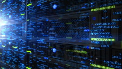 Animation Visualizing and Digitalizing Virtual Reality Of Information, Simulation, Quantum Super Computing, Ai And Neural Networks.
Digital High Speed Binary Data Codes Traveling Through Server Room. - Powered by Adobe