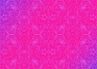 Hand-drawn abstract seamless ornament. Neon gradient (plastic pink to proton purple) background and glowing pattern on it. Cloth texture. Digital artwork, A4. (pattern: p07-1b)