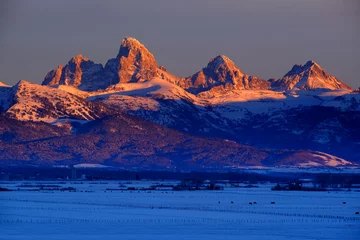 Blackout roller blinds Teton Range Tetons Teton Mountains in Winter Snow and Trees with Reflection in River