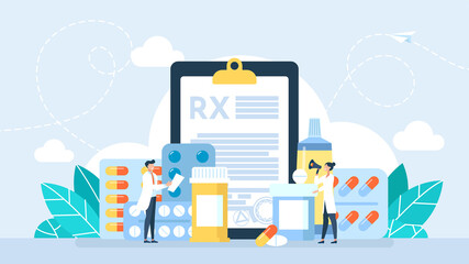 Rx medical prescription. The doctor prescribes a recipe, disease therapy pills, and painkiller drugs. Pharmacy control. Medicine and healthcare with bottles and capsules. Flat illustration	