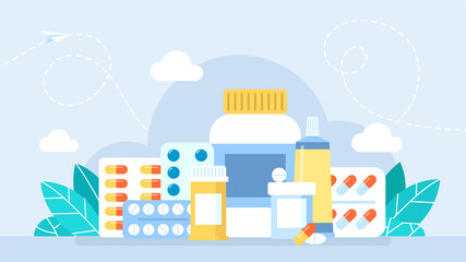 Pharmacy, medicines. Pills, capsule blisters, glass bottles with liquid medicine, and plastic tubes. Ointment, cream. Various meds. Drug medication end supplements collection. Illustration