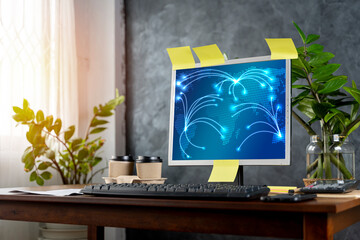 Modern computer monitor with abstract digital world map with connections