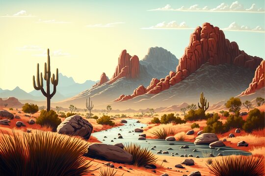 Desert Arizona Landscape, Dry Cactus Valley With Intense Orange Dusty Heat Haze And Clouds, Sandstone Cliffs And Distant Mountains And Rock Formations - Vector Cartoon Stylized Art.  