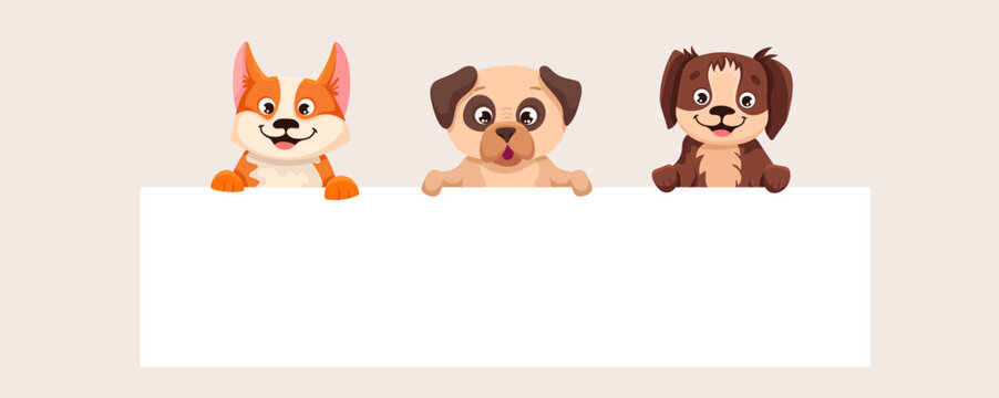 Cute cartoon dogs are holding an empty banner with place for your text. Use it for pet shop sign or for flyer super sale template. Vector illustration