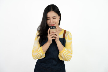 Portrait of asian waitress beaufitul female is posing in the studio with happy smiling at isolate on white background studio.