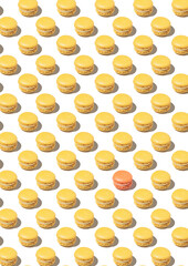Pattern  with yellow macarons and white background. Equal macarons minus one. Concept of being different o unique