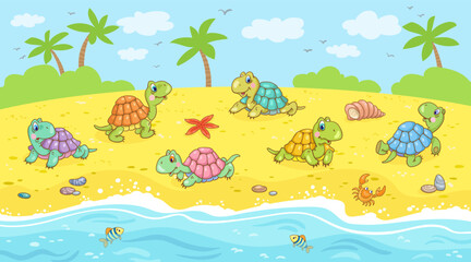 Fototapeta na wymiar Six funny little turtles on the sea beach. Picture in cartoon style. Vector illustration