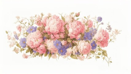 Watercolor pink peonies isolated on white background.
