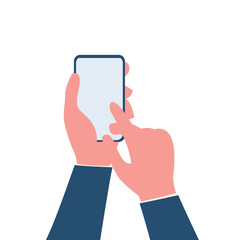 Hand holding a smartphone, touching the blank white screen