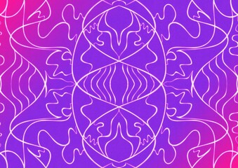 Hand-drawn abstract seamless ornament. Neon gradient (plastic pink to proton purple) background and glowing pattern on it. Cloth texture. Digital artwork, A4. (pattern: p02-1a)