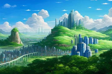 Zelfklevend Fotobehang utopian landscape with a city in the distance © Photobank