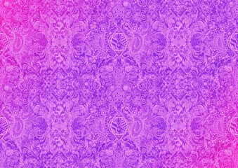 Hand-drawn abstract seamless ornament. Neon gradient (plastic pink to proton purple) background and glowing pattern on it. Cloth texture. Digital artwork, A4. (pattern: p04b)