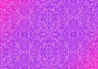 Hand-drawn abstract seamless ornament. Neon gradient (plastic pink to proton purple) background and glowing pattern on it. Cloth texture. Digital artwork, A4. (pattern: p06b)