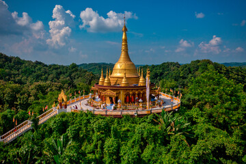 Aerial view of Bandarban temple with golden dome and big statue, Bandarban, Chittagong province, Bangladesh.