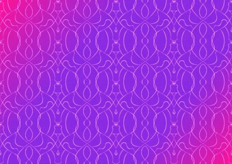 Hand-drawn abstract seamless ornament. Neon gradient (plastic pink to proton purple) background and glowing pattern on it. Cloth texture. Digital artwork, A4. (pattern: p08-1c)
