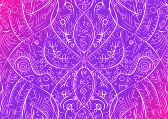 Hand-drawn abstract seamless ornament. Neon gradient (plastic pink to proton purple) background and glowing pattern on it. Cloth texture. Digital artwork, A4. (pattern: p08-2a)