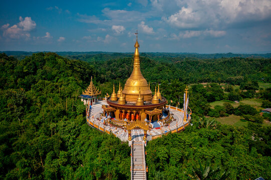 Aerial view of Bandarban temple with golden dome and big statue, Bandarban, Chittagong province, Bangladesh.
