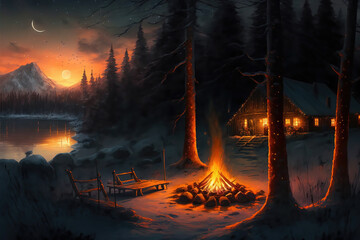 AI generated image of a cozy Christmas campfire by a log cabin at the edge of a lake - obrazy, fototapety, plakaty