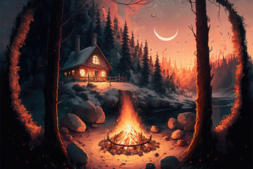 AI generated image of a cozy Christmas campfire by a log cabin at the edge of a lake - obrazy, fototapety, plakaty