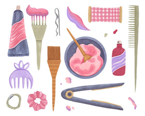 Hairdresser. A set of tools for hair coloring, paint, comb, hair clips. A collection of colored doodle elements drawn with markers by hand