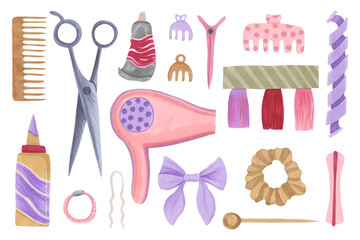 Hairdresser. A set of hair stylist's tools: scissors, hair dryer, hair clips, paint. A collection of colored doodle elements drawn with markers by hand