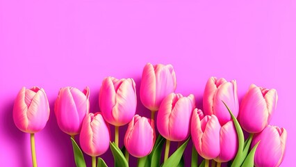 Pink tulips border on pink background, beautiful natural spring scene.