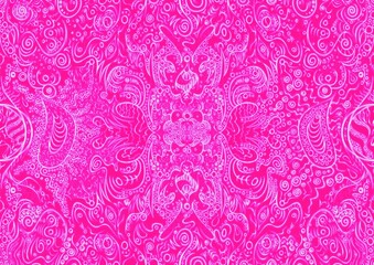 Hand-drawn abstract seamless ornament. Neon pink (plastic pink) background and glowing pattern on it. Cloth texture. Digital artwork, A4. (pattern: p04a)