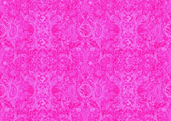 Hand-drawn abstract seamless ornament. Neon pink (plastic pink) background and glowing pattern on it. Cloth texture. Digital artwork, A4. (pattern: p04b)