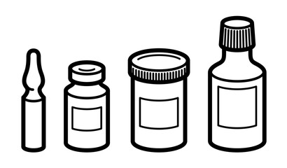 Set of medical bottles and vials vector flat style illustration isolated over white, meds drugstore concept, apothecary prescription medicament flagons and ampules.