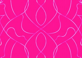 Hand-drawn abstract seamless ornament. Neon pink (plastic pink) background and glowing pattern on it. Cloth texture. Digital artwork, A4. (pattern: p08-1a)