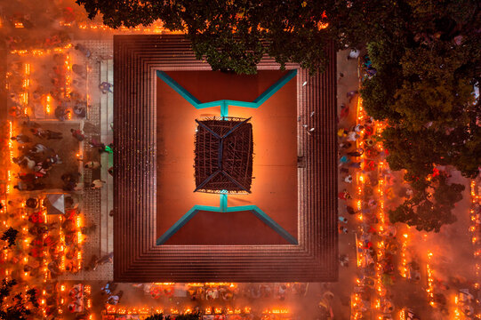 Aerial view of people praying and worshipping at Sri Bramhachar temple for Hindu fasting festival, Sonargaon, Bangladesh.