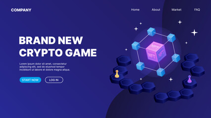 NFT Box in Blockchain. P2E Crypto Games Landing Page Concept. Brand new crypto game. Vector illustration