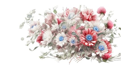 painted flowers and leaves on white background. Water color bouquet flowers with anemone and eucalyptus.