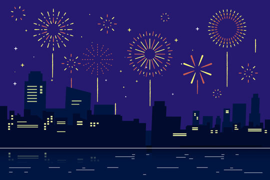 Holiday celebration panorama with firework show background design.