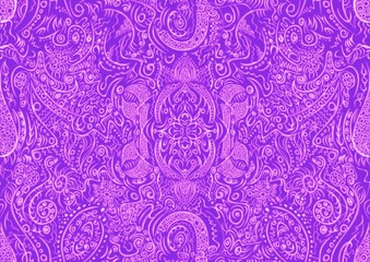 Hand-drawn abstract seamless ornament. Neon purple (proton purple) background and glowing pink pattern on it. Cloth texture. Digital artwork, A4. (pattern: p01a)