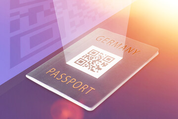 QR on cover of Germany passport. Introduction of electronic passports in country. Barcode on documents. Reading passport QR code.