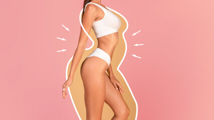 Dieting Concept. Slim Female In Underwear With Drawn Silhouette Around Her Body - obrazy, fototapety, plakaty