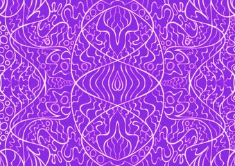 Hand-drawn abstract seamless ornament. Neon purple (proton purple) background and glowing pink pattern on it. Cloth texture. Digital artwork, A4. (pattern: p02-2a)