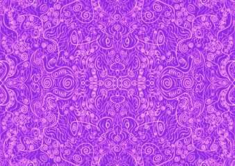 Hand-drawn abstract seamless ornament. Neon purple (proton purple) background and glowing pink pattern on it. Cloth texture. Digital artwork, A4. (pattern: p06a)