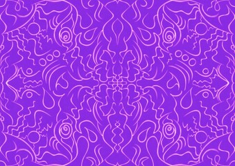 Hand-drawn abstract seamless ornament. Neon purple (proton purple) background and glowing pink pattern on it. Cloth texture. Digital artwork, A4. (pattern: p07-1a)