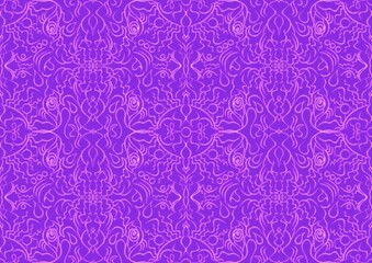 Hand-drawn abstract seamless ornament. Neon purple (proton purple) background and glowing pink pattern on it. Cloth texture. Digital artwork, A4. (pattern: p07-1b)