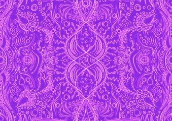 Hand-drawn abstract seamless ornament. Neon purple (proton purple) background and glowing pink pattern on it. Cloth texture. Digital artwork, A4. (pattern: p09a)