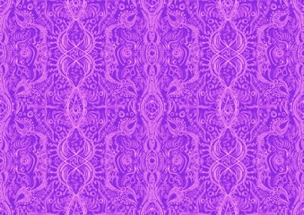 Hand-drawn abstract seamless ornament. Neon purple (proton purple) background and glowing pink pattern on it. Cloth texture. Digital artwork, A4. (pattern: p09b)