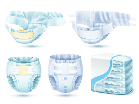 Realistic diapers. Absorbent newborns panties, baby body care, hygienic cotton napkins, toddlers comfort, rine protection, packaging mockup, 3d isolated elements, utter vector set